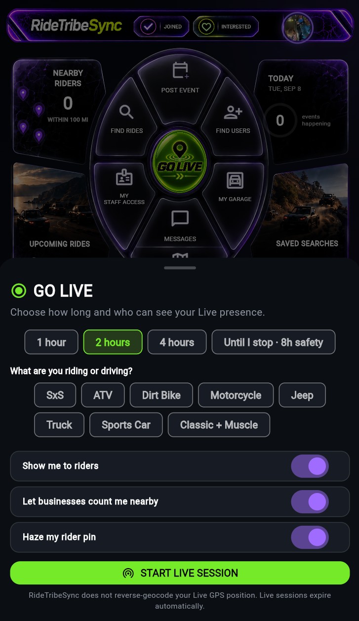 RideTribeSync live app screen